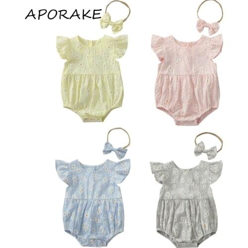 2021 0-24M Infant Baby Girl Summer Romper Cute Daisy Floral Print Fly Sleeve O Neck Button Playsuit Outfit 4 Colors