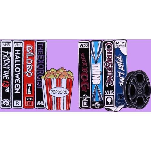 Horror Movie VHS and Chill Popcorn Brooch Pins Enamel Metal Badges Lapel Pin Brooches Jackets Jeans Fashion Jewelry Accessories