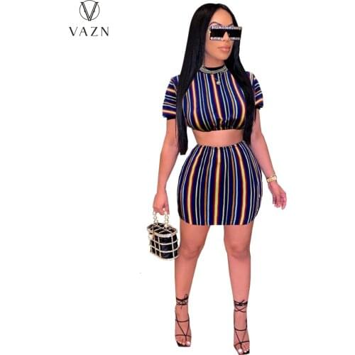 VAZN 2021 Hot Popular Striped Sexy Young Little Chap Short Sleeve Group Mini Skirts High Waist Skinny Women 2 Piece Set