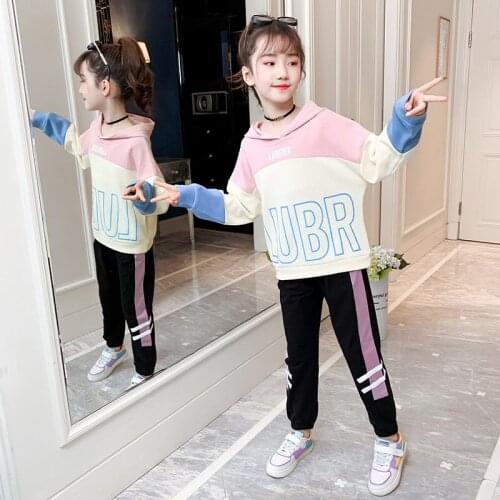 Spring Autumn Clothes For Girls Patchwork Hooded Top+Pants 2PCS Costume For Girl Teenage Kids Korean Style Clothes 6 8 10 12 13Y
