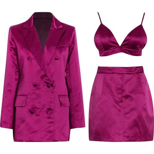 3 Pcs Sets Skirt Blazer Suits 2021 Summer New Sexy Purple Three-piece Double-breasted Suit Camisole Short Skirt Jacket Suit