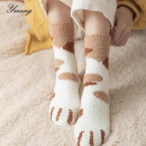 YMING Cute Gril Socks Lovely Cartoon Animal Cat Claw Coral Velvet Stock Middle Tube Thickening Socks For Girls Leg Warmer