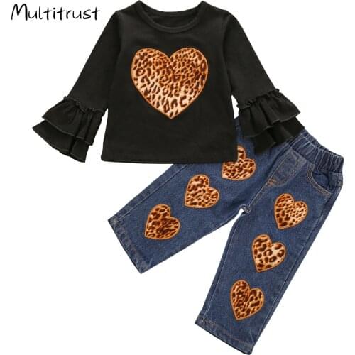 Fashionable Childrens Suit 2020 Long Flare Sleeve Top with Heart Pattern Elastic Head Long Pants for Autumn and Spring