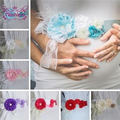Fashion Pearl Rhinestone Peony Flower Sash Maternity Pregnancy Belt Elegant Satin Floral Waistband Women Clothing Accessories