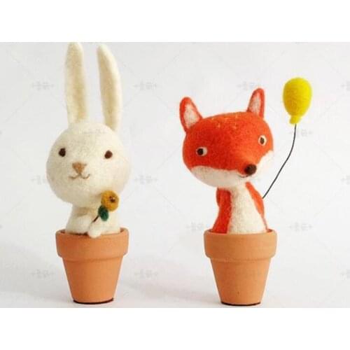 Little Fox, rabbit, Brown bear, Flower Pot wool needlepoint kit wool felt needle felting decoration craft needlecraft DIY ha