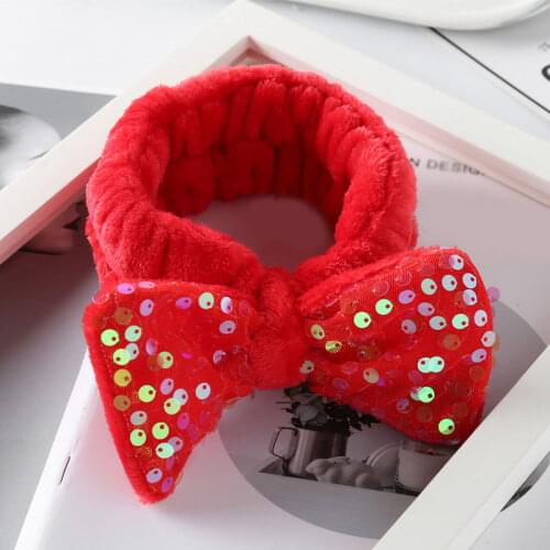 Korean Bow Sequin Headbands Coral Fleece Hairband Elastic Hair Bands Wash Face Makeup Headwrap Turban Winter Hair Accessories