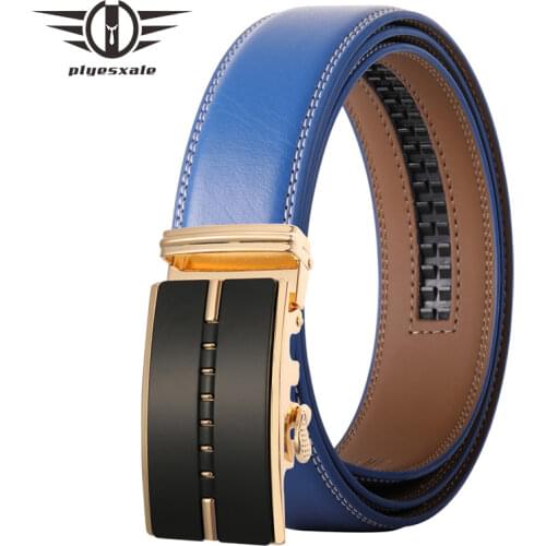 Plyesxale Cowskin Genuine Leather Belts For Men High Quality 140cm 150cm Designer Brand Blue White Gray Brown Formal Belts B682