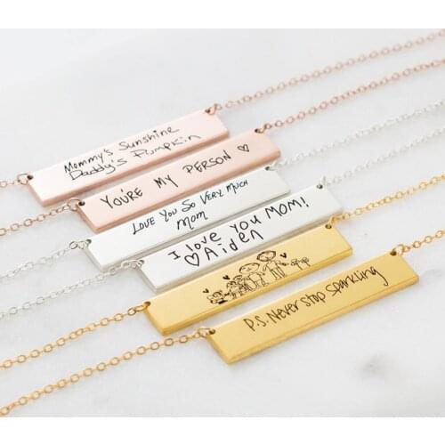 Custom Silver Necklaces Women Jewelry Kids Drawing Necklace Custom-made Handwriting Name Necklace Quotes Bar Necklaces Jewelry