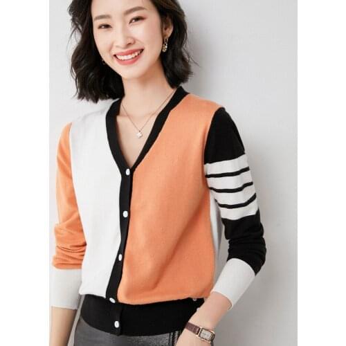 Wool Cardigan Jacket Womens Loose Outer Wear 2021 Spring and Autumn New Thin Long Sleeve Colorblock V-neck Short Sweater 60114