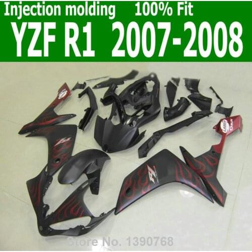 Mix customize Fairings For YAMAHA YZF R1 07 08 ( Matte black + red flames ) 2007 *2008 Abs Injection fairing kit CQ20