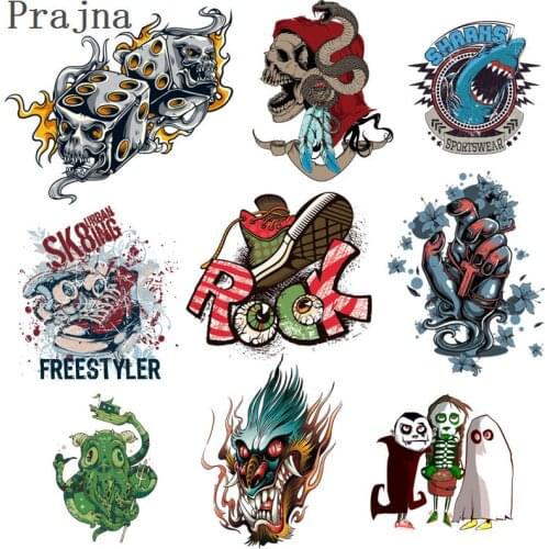 Prajna Heat Transfer Vinyl Patches Biker Skull Patch Rock Iron On Transfers For Clothes Stripes Plastic Applique Badge Washable