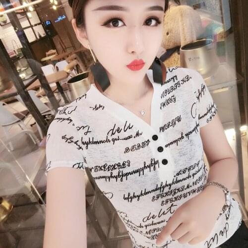 Womens T-shirt letter printing T-shirt female 2020 spring new Korean version V-neck shirt cotton short-sleeved thin section