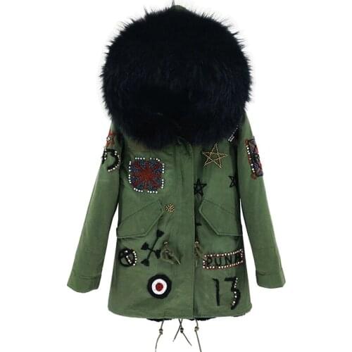 Ladies new beaded jacket winter hooded raccoon fur collar pie overcoming coat star same paragraph fur army green