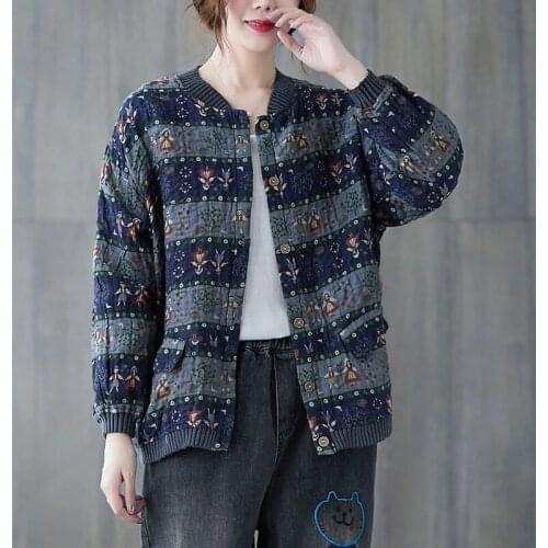 100% Cotton Women Casual Jackets New Arrival 2021 Autumn Arts Vintage Oversize Print Loose Comfortable Female Outerwear Coats