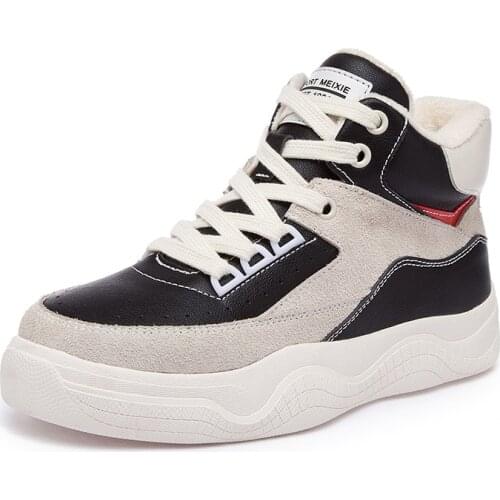 Mixed Colors Splicing Scrub Cowhide Leather Shoes Woman Boots Autumn Boots New Casual Sneakers Plus Velvet Warm Shoes Snow Boots