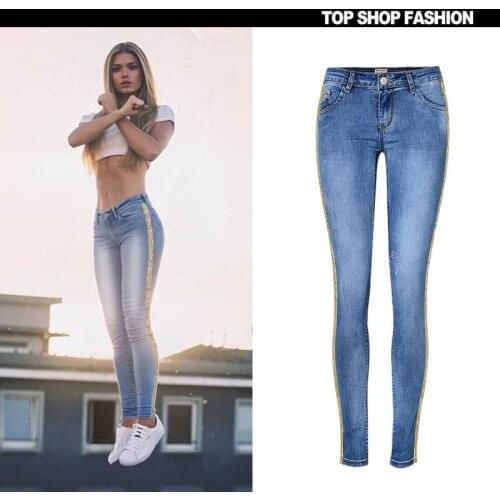 TREND-Setter 2018 Summer and Autumn Casual Jeans Women Sequins Side Skinny Elasticity Denim Pants