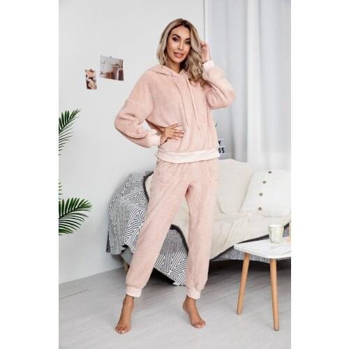 Womens autumn and winter models with hood and drawstring pure color double-sided fluffy casual clothing two-piece suit