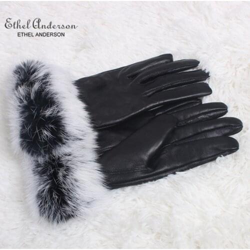 Ethel Anderson Women Genuine Farm Rabbit Fur Real Leather Gloves Black Color Warm Mittens Winter Elegant Full Palm Glove