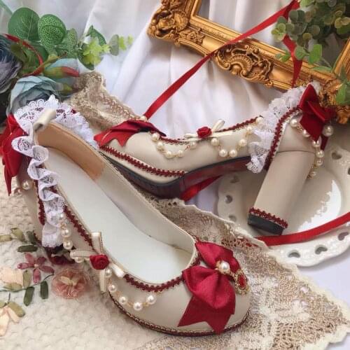 Japanese tea party sweet lolita shoes vintage round head high heel women shoes cute lace bowknot kawaii shoes loli cosplay