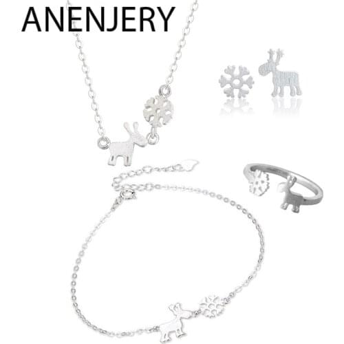 ANENJERY S925 Stamp Silver Color Jewelry Sets Zircon Moon Star Necklace+Earrings+Ring+Bracelet For Women Wedding Jewelry
