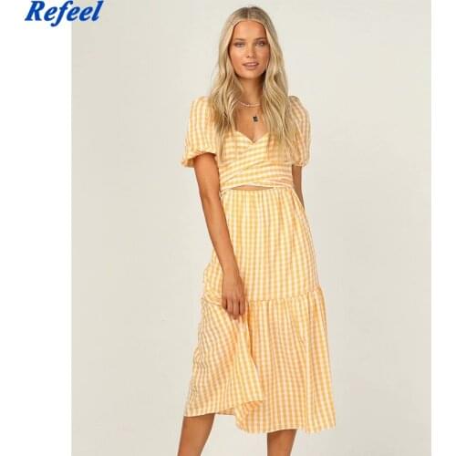 Vintage Ruffles Midi Women Dress Summer Yellow Tartan Print Sashes Vestidos Retro Hollow Out Holiday Dresses