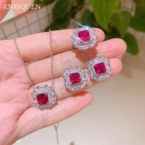 2021 Vintage 925 Sterling Silver Gemstone Jewelry Sets for Women 7*7mm Ruby Emerald Lab Diamond Ring Earrings Pendant Necklace