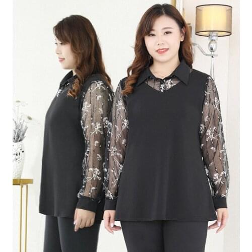 4XL to 10XL Plus Size Women Blouses Spring Autumn Women Shirts Mesh Print Long Sleeve Woman Tops Casual Outerwear