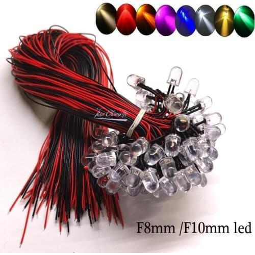 50PCS/lot DC5-12V 8mm 10mm Red/Green/Blue/Pink RGB Fast Slow white Yellow Round Pre-Wired Water Clear LED With Plastic Holder