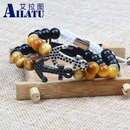 New Luxury Anchor Braiding Bracelet 8mm Natural Stone Beads Provide Marking Couples Name Services