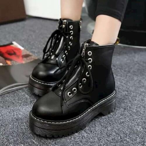 Fashion Zipper Flat Shoes Woman High Heel Platform PU Leather Boots Lace up Women Shoes Ankle Boots Girls 35-40