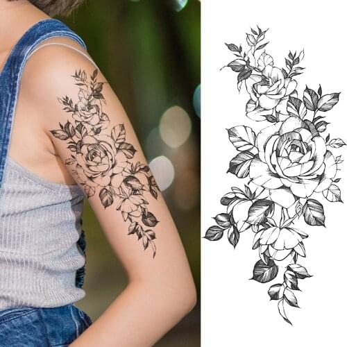 Black Blossom Rose Temporary Tattoos Flowers Tattoo Sticker Sexy Waterproof Fake Body Art Tattoo For Woman Lady Girls