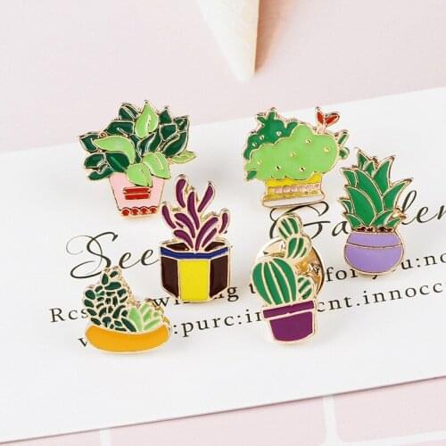 Cute Plant Potted Collar Enamel Brooch Cartoon Tree Cactus Leaves Decorative Pins For Women Costume Badge Jewelry Gifts