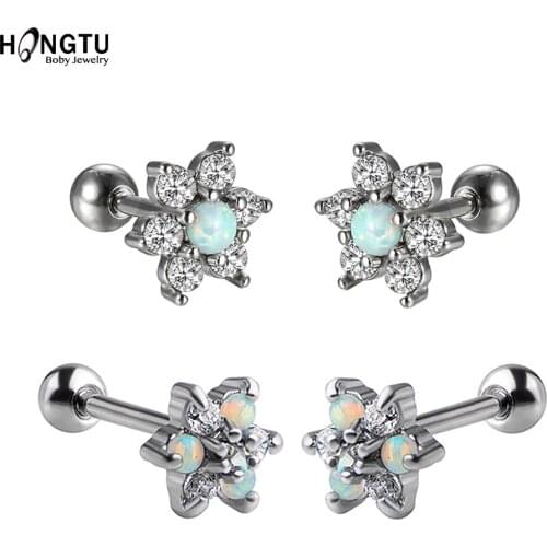 HONGTU 1PC Opal Ear Tragus Cartilage Piercing Crystal Flower Conch Lobe Earrings Barbell Piercing Orelha Ear Stud Helix Piercing