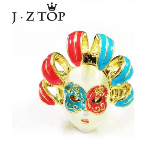 JZTOP Retro Multicolour Mask Enamel ring For Woman Exaggeration Grimace Elastic Nation Big Rings Female Statement Jewelry Gifts