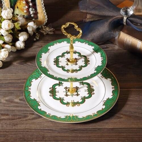 Ceramic Fruit Plate Double Cake and Pastry Dish With Gift Box & Gold Stainless Steel Shelf Bar Snack Nut Platter Wedding Present