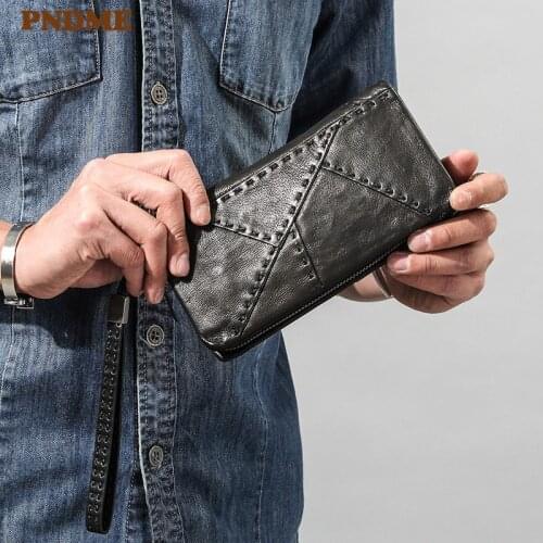 PNDME designer handmade stitching genuine leather mens womens clutch wallet fashion casual high quality sheepskin phone purse