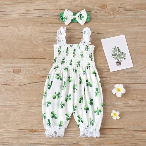 Newborn Infant Baby Girls Jumpsuit One Piece St.patricks Day Strap Romper Baby Girl Clothes Sets Summer Bodysuit With Headband
