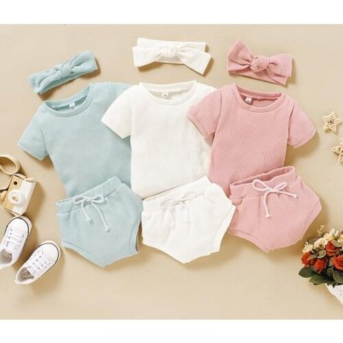 3pcs Infant Baby Boy Clothes Set Summer Baby Girl Toddler Short Sleeved T shirt+Shorts Pants Hairband 0-3T Kids Outfits Suits