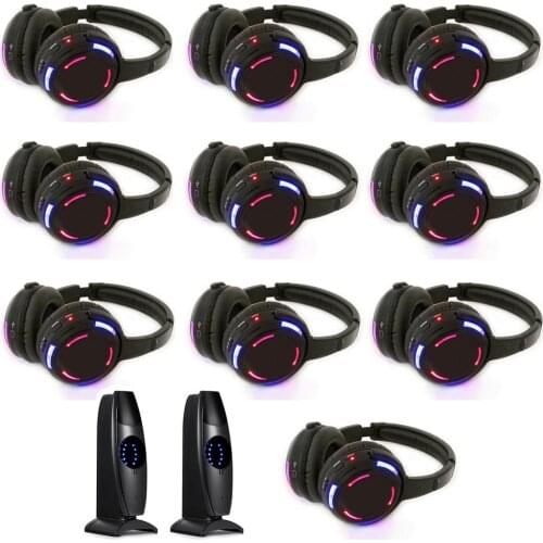 Silent Disco System 10 LED flashing Headphones with 2 transmitters trasmitting 200m