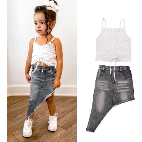 1-6Y Fashion Kids Girls Summer Clothes Sets Sleeveless Drawstring Pleated Sling Tops Denim Skirts 2PCS