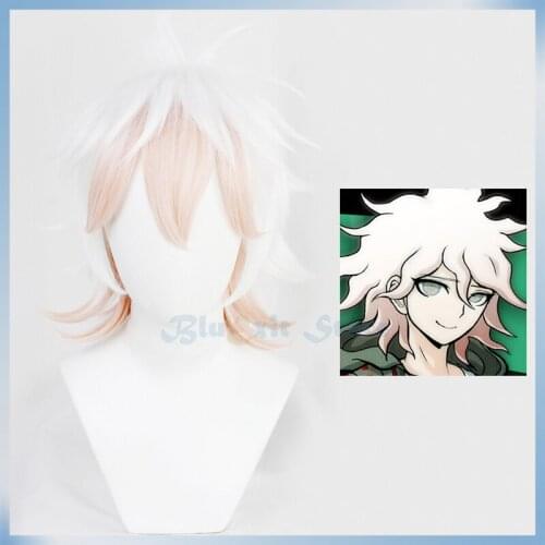 Komaeda Nagito Wig Danganronpa Wig Gradual White Pink Short Straight Cosplay Halloween Role Playing Synthetic Hair
