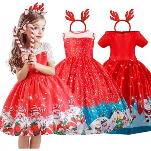Red Christmas Dress Santa Clus Pattern New Year Costume Kids Dresses For Girls Xmas Evening Party Ball Gown Clothes 3-10 Years