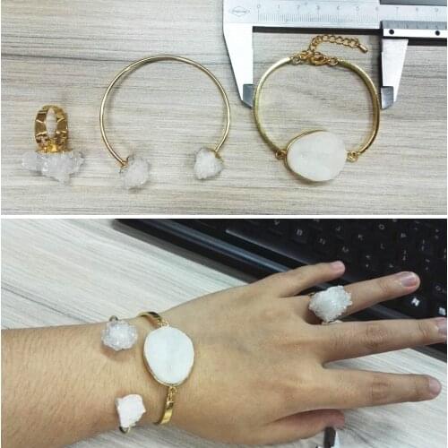 Charms Original design golden jewelry adjustable white rough drusy white stone druzy ring open bangle cuff for women beauty