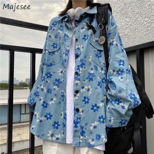 Shirts Women Floral Harajuku Hip-hop Style Loose Trendy Chic Vintage All-match Students Daily Long Sleeve Button BF Female Tops
