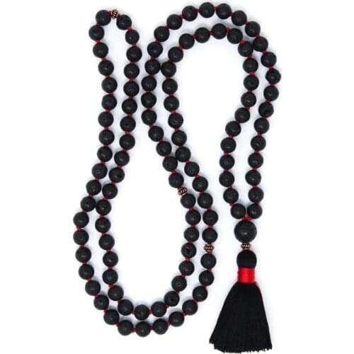 Hand Knotted 108 Mala Beads Lava Stone Necklace Japa Mala Buddhist Prayer Beads Yoga Jewelry Spiritual Black Tassel Necklace Men