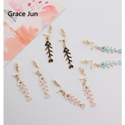 Grace Jun Personality Enamel Fish Bone Clip on Earrings for Female Temperament Korean Style No Pierced Ear Clip Anti-allergy