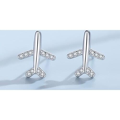 Cute Romantic Women Airplane Earings Fashion Jewelry White CZ Stones Pave Setting Studs