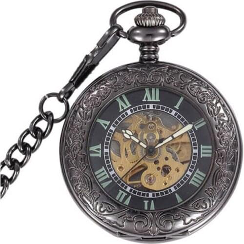 Steampunk Skeleton Black Automatic Mechanical Pocket Watch Men Vintage Hand Wind Clock Necklace Pocket & Fob Watches With Chain