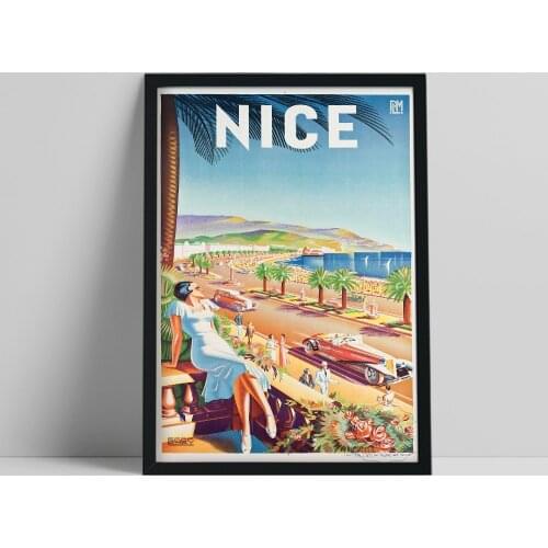 Vintage World Travel Poster, Nice France City Seaside Scenery Canvas Painting, Europe Cars Wall Art, Tour Souvenir Home Decor