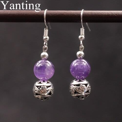 Yanting Tibetan Color Ball Dangle Earrings For Women Purple Crystal Stone Earrings Hanging Handmade Ethnic Earring 0448